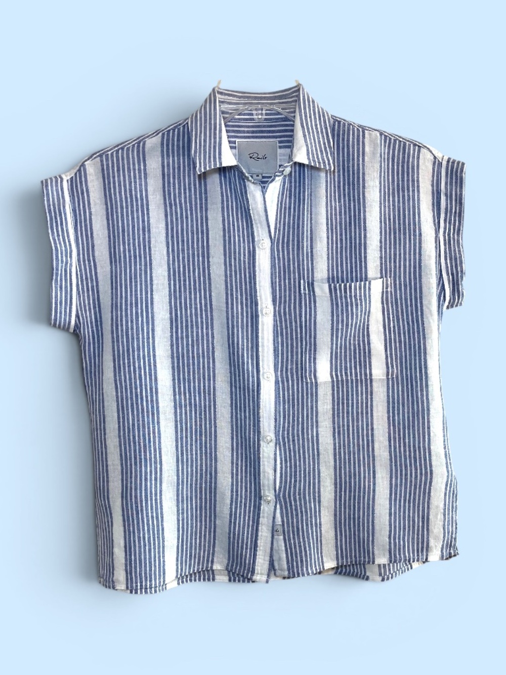 Rails Whitney Linen and Rayon Blue and White Striped Cap Sleeve Boxy Blouse XS